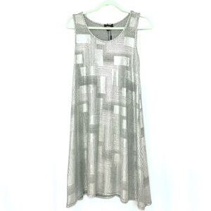Slinky metallic silver slip dress - mod A-line with geometric design - size M